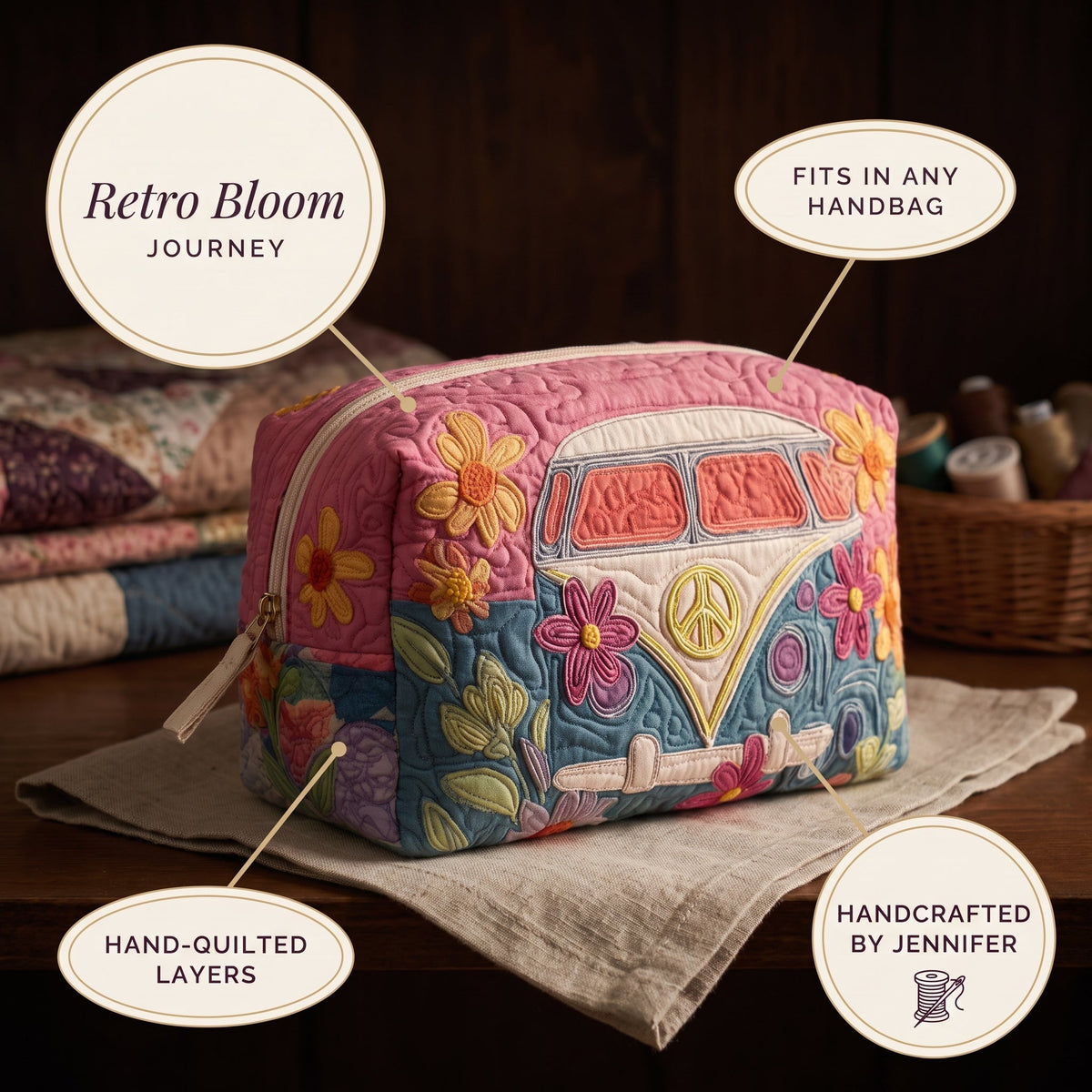 Neceser Acolchado de Maquillaje de Viaje Flores Retro